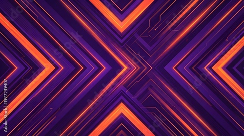 Abstract geometric pattern with glowing orange and purple lines forming a dynamic futuristic digital background