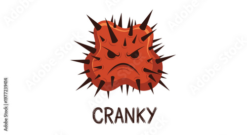Cranky emoticon, angry face, red spiky icon, vector emoji