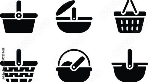 Six Black Silhouette Icons of Various Picnic and Shopping Baskets picnic basket