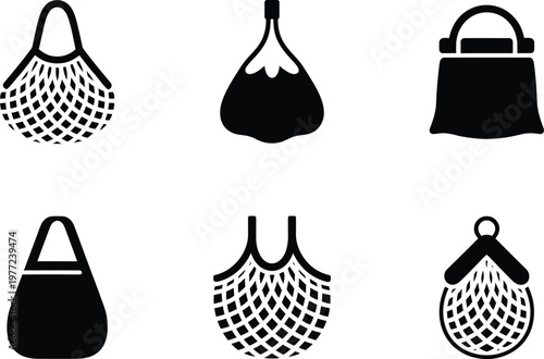 Six Black Silhouettes of Various Reusable Shopping Bags mesh string