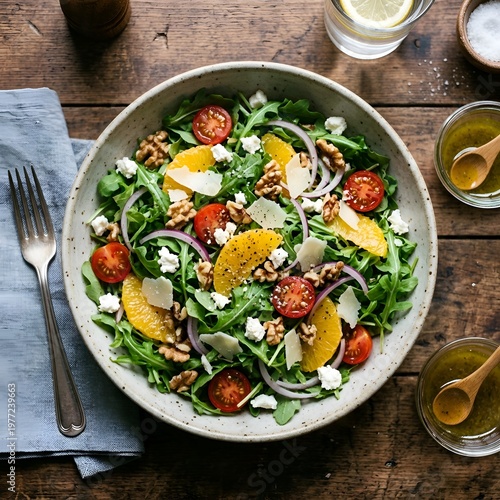 Delicious Fresh Arugula Salad with Sliced Oranges, Cherry Tomatoes, Red Onions, Walnuts, and Shaved Parmesan Cheese