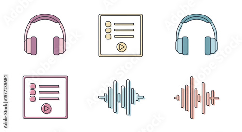 Colorful icons of headphones and audio.