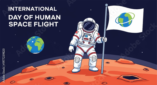 Astronaut planting flag on red planet surface celebrating international day of human space flight illustration