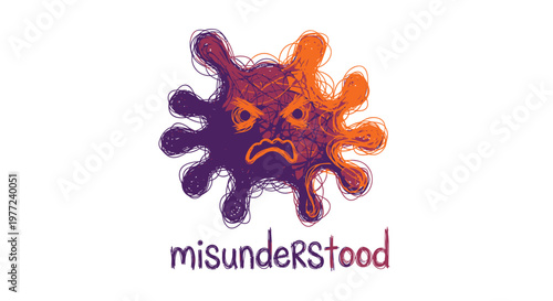 Vibrant purple, orange abstract logo, misunderstood concept, emotive design, vector graphics