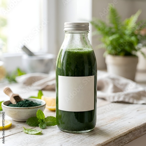 Glass bottle of freshly made green juice with white label on wooden table surrounded by mint leaves, lemon slices, and bowl of spirulina powder