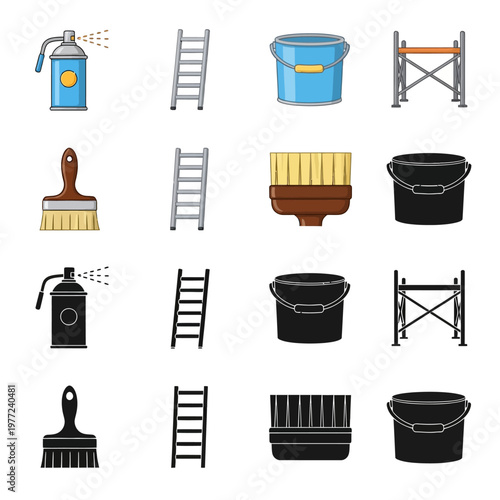 Various household cleaning tools and equipment.