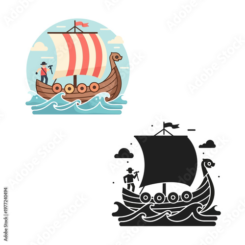 Viking ship sailing through waves.