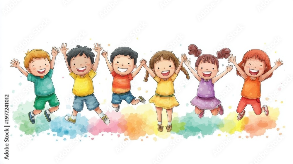 Fototapeta premium Joyful Children Jumping Happily Together in Bright Colors with Cheerful Expressions and Playful Spirit