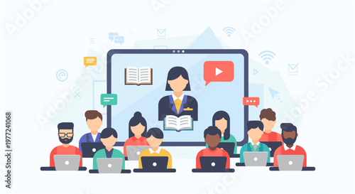 Online learning people watching video on big screen with laptops in modern flat illustration for education