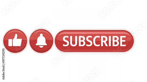 Red subscribe button with a thumbs up and a notification bell on a white background, isolated