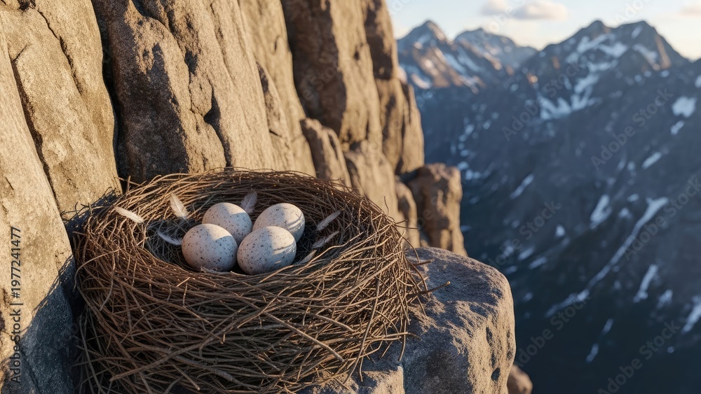 Obraz premium Bird nest with speckled eggs on a rocky mountain cliff, overlooking a scenic valley