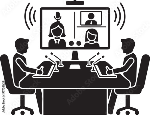 Vector illustration of two businessmen in video conference on computer screen isolated on transparent background