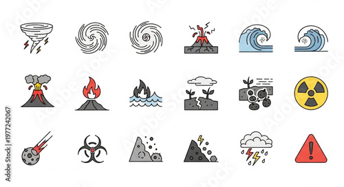 Collection of Natural Disaster and Hazard Icons.