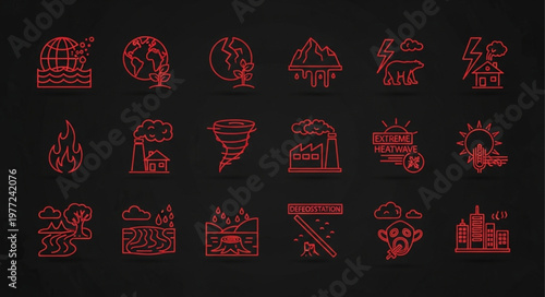 Red Outline Icons Depicting Natural Disasters.