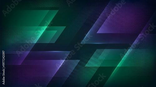 Abstract geometric shapes with glowing neon green and purple light against a dark digital background