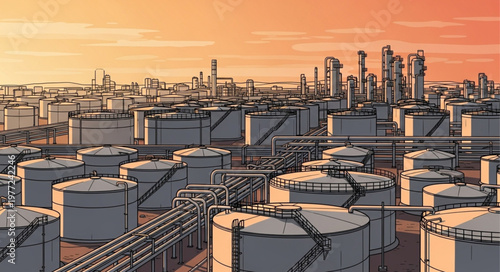 Industrial Landscape - Oil Tanks and Refinery at Sunset.