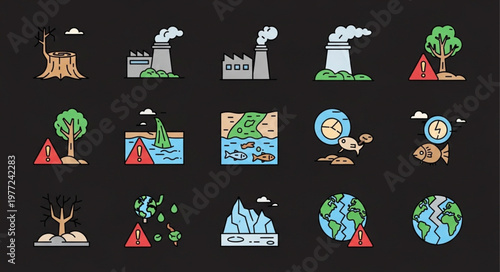 Illustrations depicting the detrimental effects of pollution and climate change on the environment.