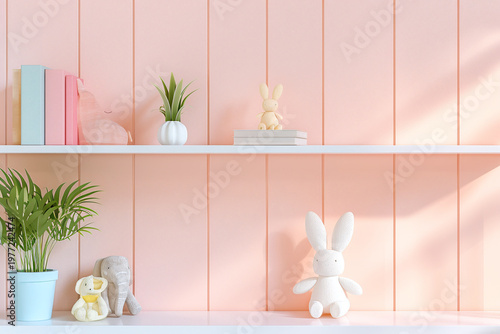 Pastel playroom with geometric bookcase filled with plush toys, books and plants. Nursery interior with floor-to-ceiling geometric shelving unit. Kindergarten playroom decoration background.
