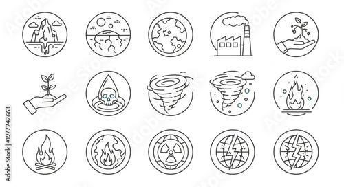 Collection of Environmental and Disaster Icons in Grunge Style.