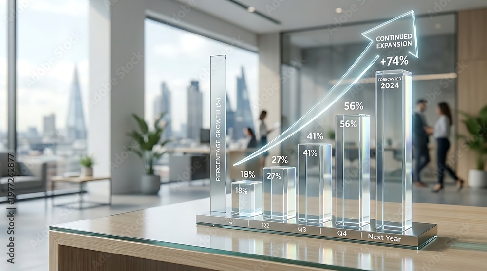 Obraz premium Glass bar chart on table with business people in modern office background