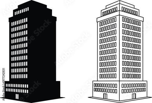 Black and white illustration of two skyscrapers side by side Vector