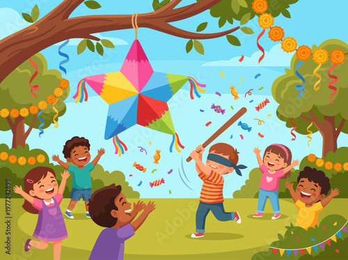 Joyful children celebrating a birthday party with a colorful piñata and festive decorations in a park
