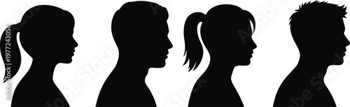 Four black silhouettes of people's heads in profile profiles