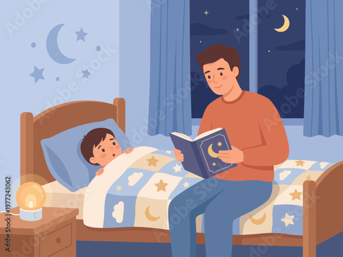 Father reads a bedtime story to his son in a cozy bedroom, fostering a loving parent-child bond as they enjoy a peaceful night together