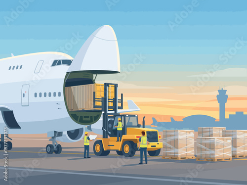 Large cargo airplane being loaded with pallets using a forklift at an airport tarmac during sunset