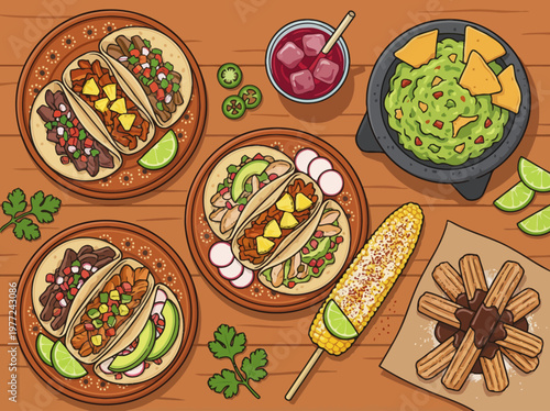 Delicious Mexican Food Spread Featuring Tacos, Guacamole, Elote, and Churros on a Rustic Wooden Tabletop - A Vibrant Vector Illustration