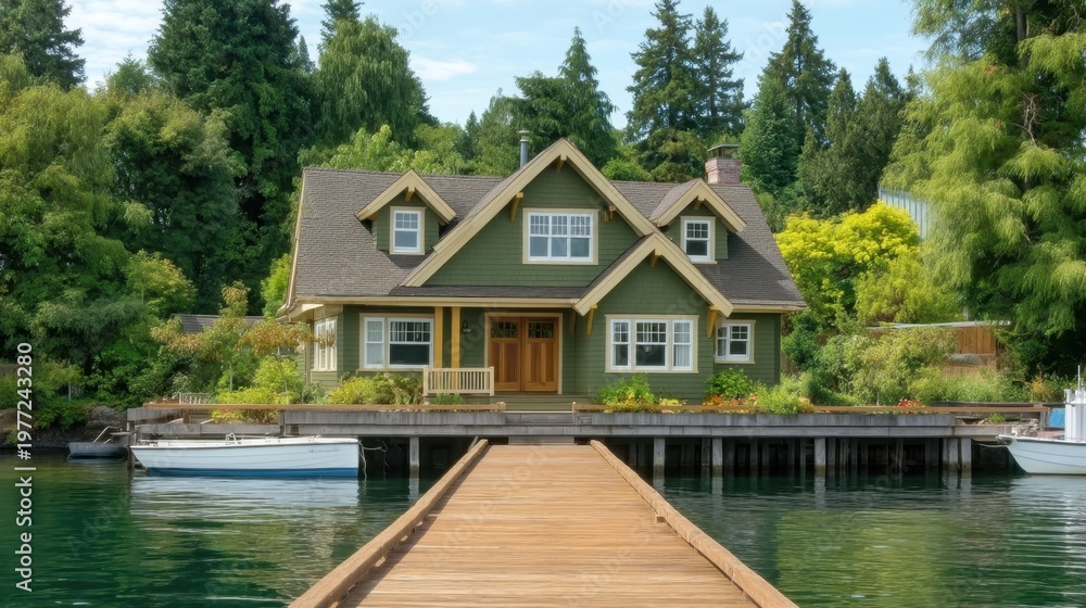 Fototapeta premium Elegant Craftsman-Style House by the Water Surrounded by Lush Greenery and Scenic Views