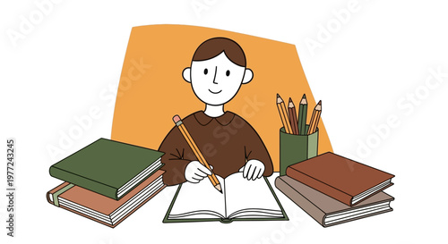 boy reading and writing with books