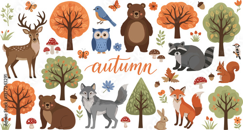 Detailed Autumn Woodland Animal Vector Illustration Set Featuring Deer, Wolf, Bear, and Fox with Fall Trees and Mushrooms for Nursery Decor and Seasonal Nature Designs