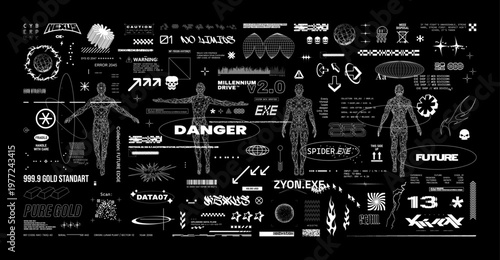 Futuristic collage with HUD interface and 3D elements. Brutalism Sci-fi set - hi-tech, y2k, signs, digital lettering, icons for streetwear, typography, merch. Vector Brutalism, HUD, Y2K elements set