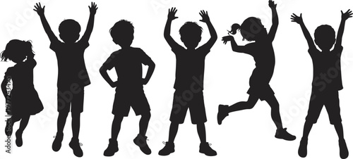 Six black silhouettes of children jumping and playing 