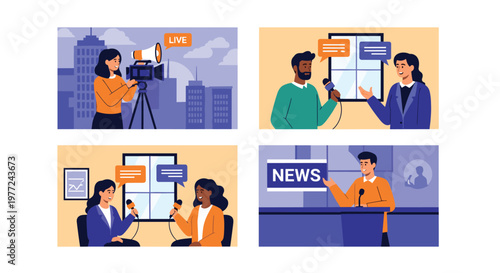 Set of illustrations featuring different news broadcasting scenes including studio anchors, live reporting, and interviews.