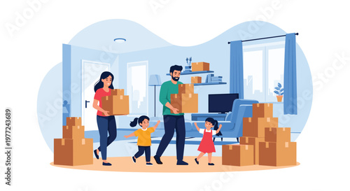 Happy young family with children moving into their new home surrounded by many cardboard boxes for relocation.