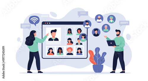 Professional people participate in an online video call using a platform with diverse user avatars on a large computer monitor.