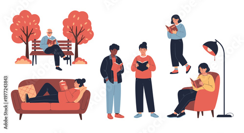 People of various ages enjoying reading books in various relaxed settings such as a park bench a couch and an armchair.