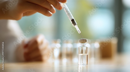 Caregiver measuring liquid medicine with a syringe sharp focus on liquid level and hand surrounded by softly blurred room elements reflecting precise dosage care.