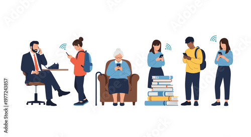 Diverse individuals using smartphones in different daily life situations to represent digital connectivity and modern technology.