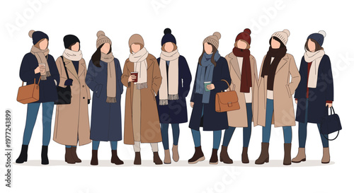 Stylish women dressed in colorful winter and autumn coats with scarves and hats standing together for a seasonal fashion set.