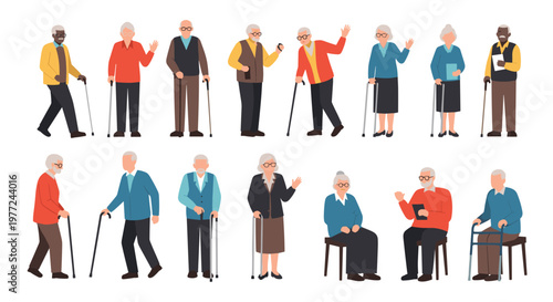 Diverse group of senior citizens showing active aging by walking with sticks or sitting while remaining social and connected.