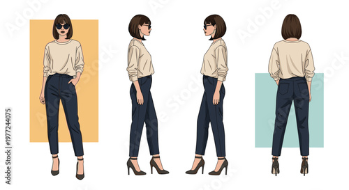 Young woman with a bob haircut wearing sunglasses and casual clothes shown from four different angles for a fashion study.