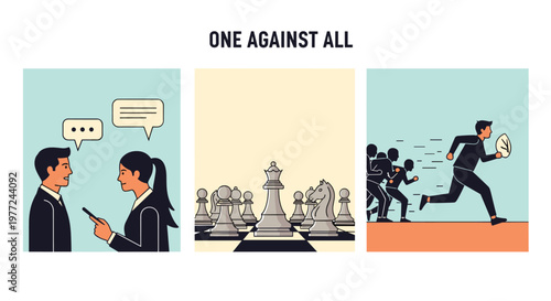 Triptych showing the concept of one against all in different scenarios like business negotiations a chess match and rugby.
