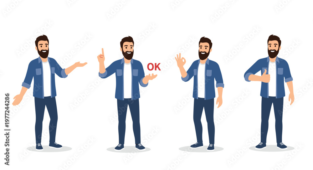Obraz premium Man with a beard and a denim shirt showing positive hand gestures like the ok sign and thumbs up for communication purposes.
