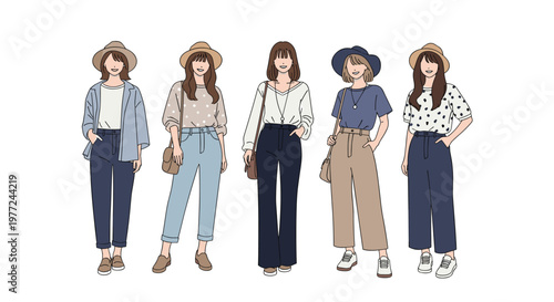 Five women in fashionable summer and autumn outfits wearing hats and carrying bags while posing for a seasonal fashion set.