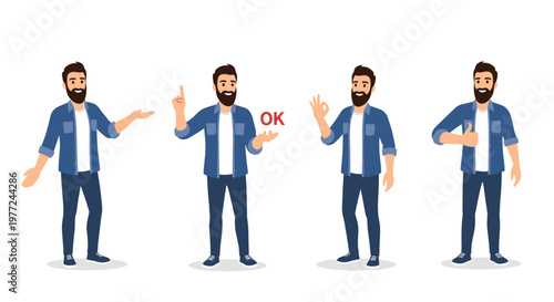 Man with a beard and a denim shirt showing positive hand gestures like the ok sign and thumbs up for communication purposes.