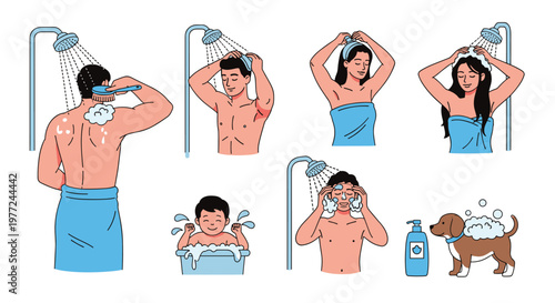 Collection of illustrations showing people and a small dog taking a shower or bath to represent daily hygiene and washing.
