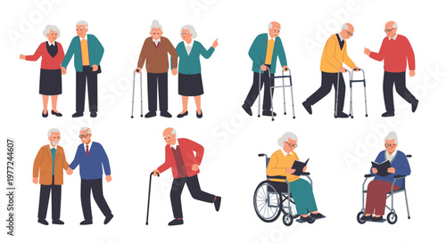 Elderly people are depicted in various daily activities and stages of mobility including walking with assistance and reading.